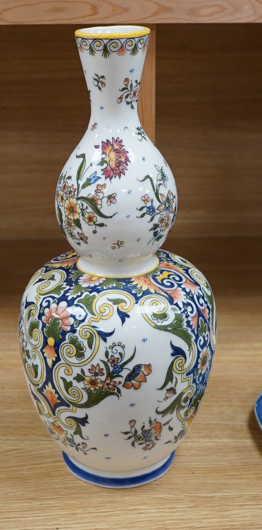 A French faience double gourd shaped vase, 43cm. Condition - good